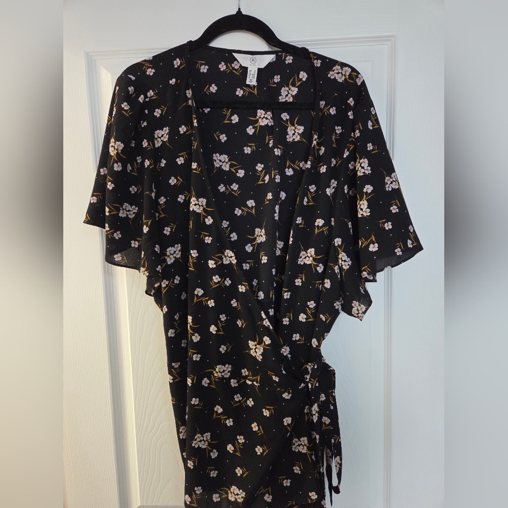 Addition Elle Black Floral Wrap Top